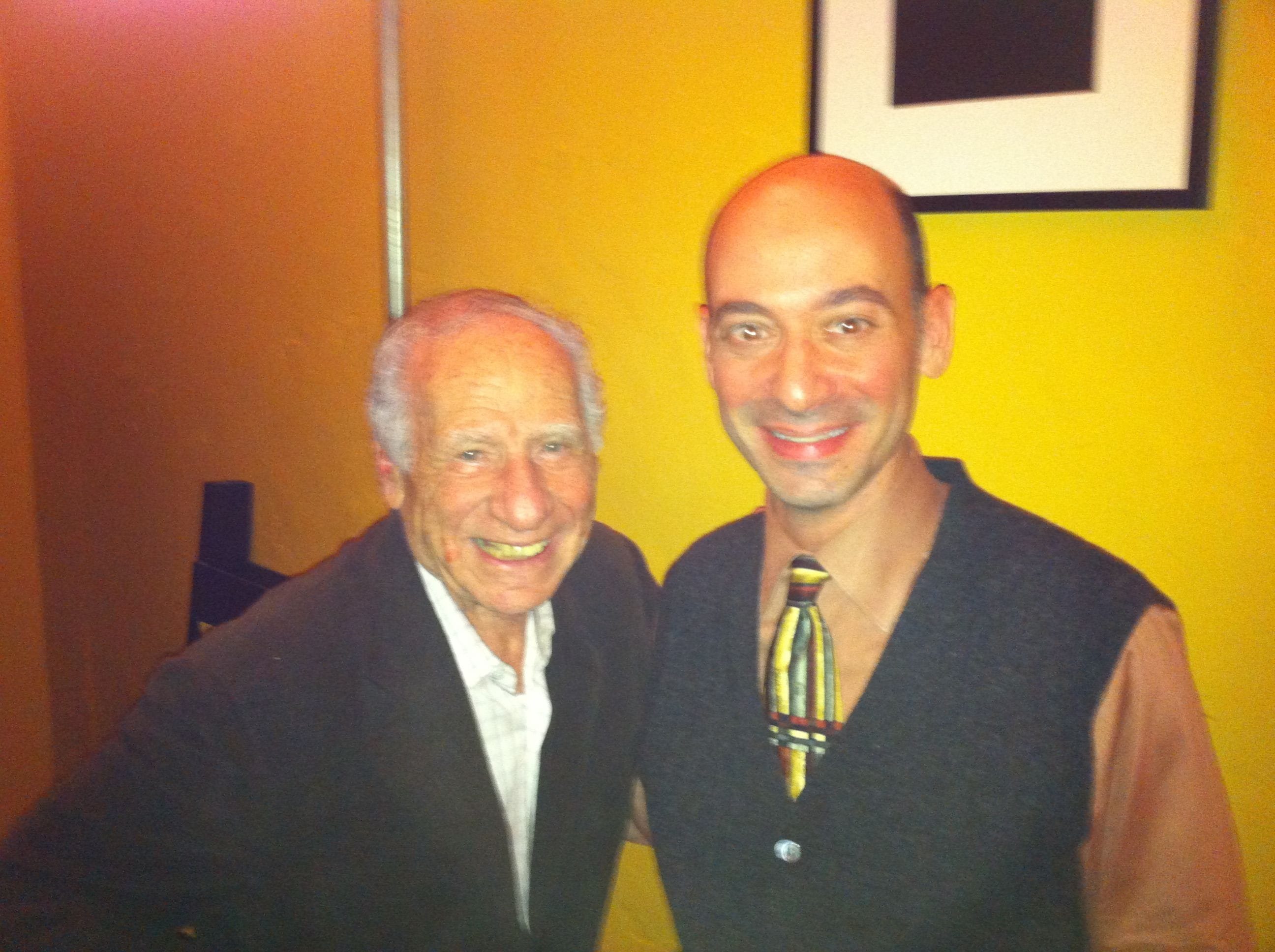 Mel Brooks congratulating actor Jeff Blumberg on his performance in the play Love and Other Allergies